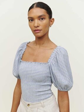 Reformation Blue Gingham Smocked Square Neck Puff Sleeve Top S